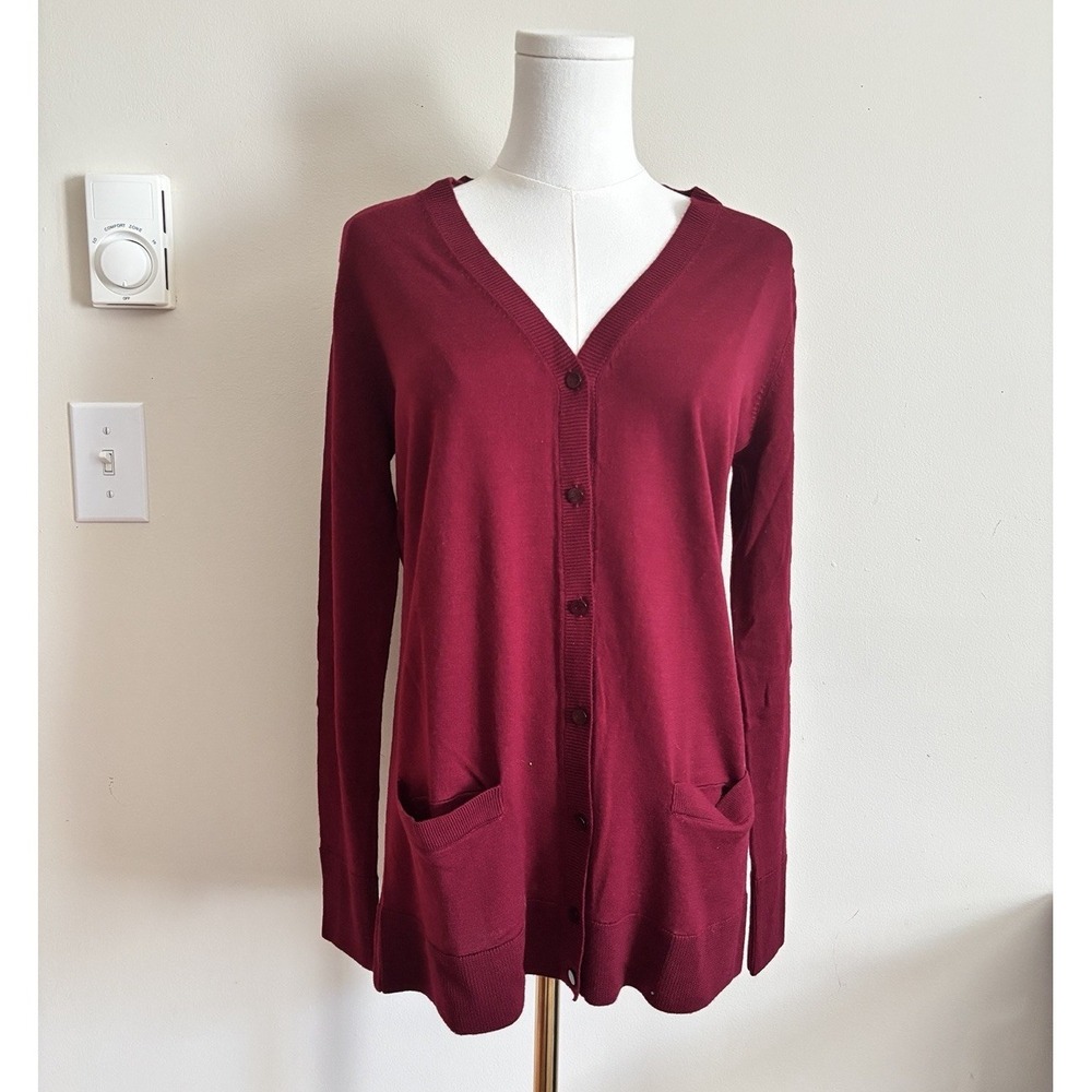 NWOT Talbots Pure Merino Wool V Neck Cardigan Dark Red Medium Office Minimalist